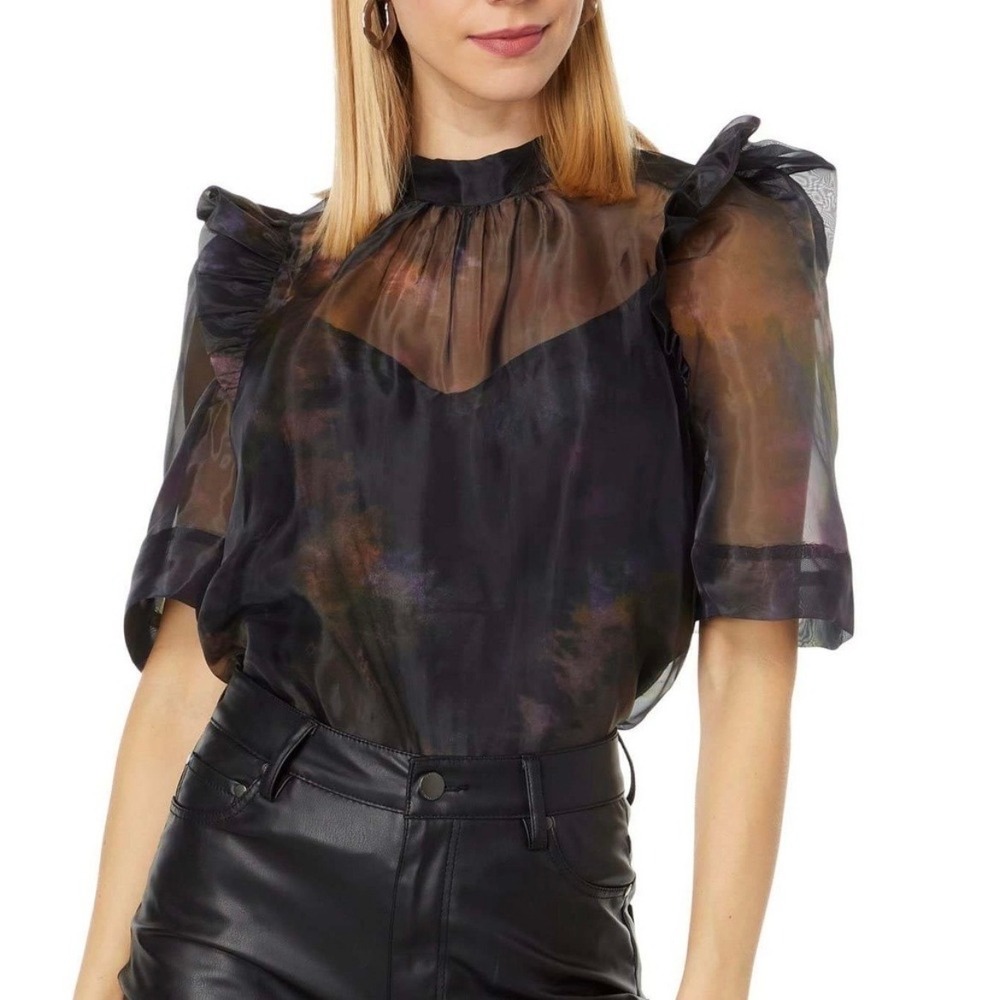 Marie Oliver Perry Top Moon Dye Black Organza‎ Ruffle Back Tie Blouse Size Small